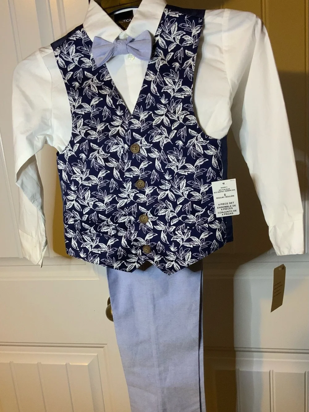 Nautica Boys Navy Floral Vest with Light Gray Bow Tie
